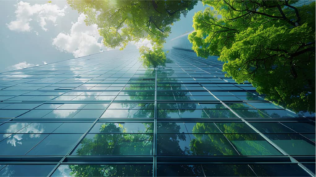 Glass building reflecting trees and sky